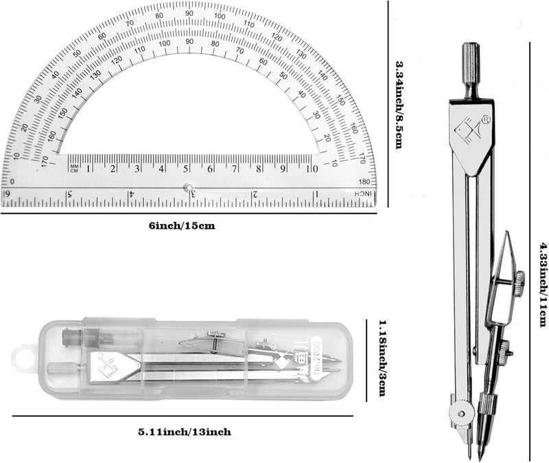 Tdfronien Students Geometry Math Set, Drawing Compass and 6 Inch Transparent Swing arm Protractor 180 Degree Math Protractor (Transparent) - Image 2